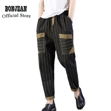 Женские шаровары джинсовые брюки Ретро Винтажные повседневные Модные для лета длинные большие свободные полосатые черные AZ45221817