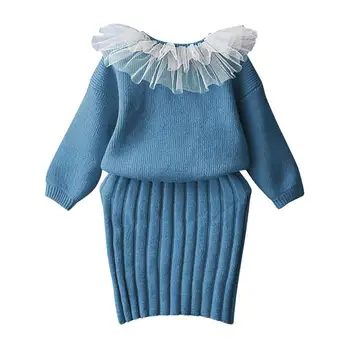 

Kids Winter Cotton Sweater Toddler Baby Kids Girls Solid Warm O-Neck Pullover Sweater Knit Crochet Tops Strap Dress Set