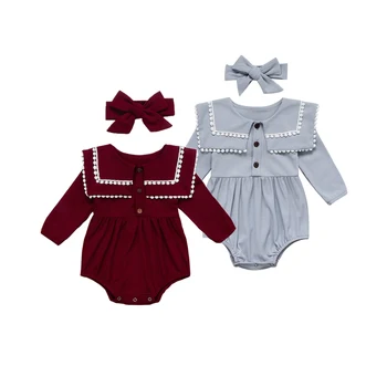 

0-24M Newborn Baby Girls Clothes Autumn Winter Solid Long Sleeve Rompers Jumpsuit Outfits Headband 2pcs Set