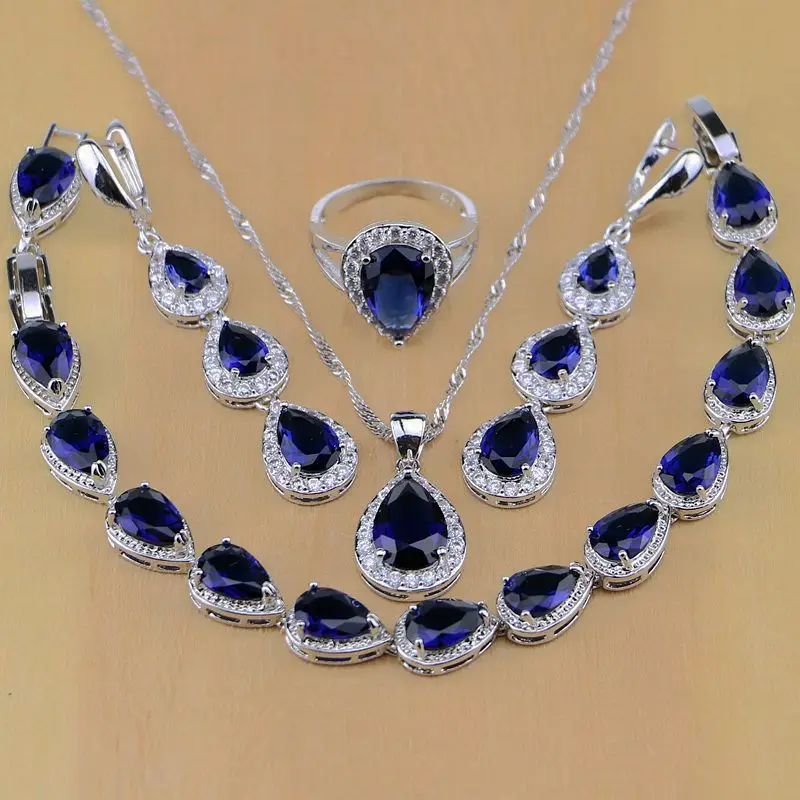 

925 Sterling Silver Jewelry White CZ Blue Zircon Jewelry Sets For Women Earrings/Pendant/Necklace/Rings/Bracelet