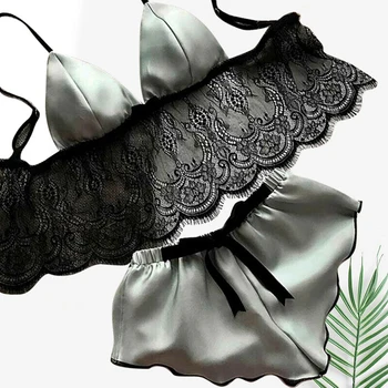 

New 2020 Sexy Lace Women NEW Womens 2 PCS Lace Satin Silk Sleepwear Bra+ Shorts Nightwear Pajamas Set