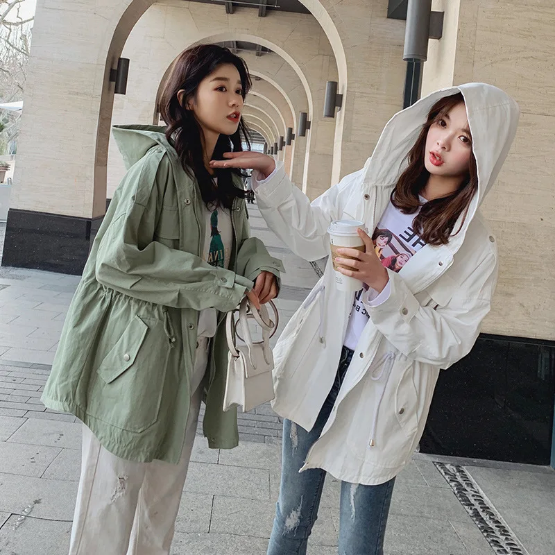

2019 Autumn Korean-style WOMEN'S Wear Cotton Hooded Light Green Workwear Trench Coat Drawstring Waist Hugging Loose-Fit Students