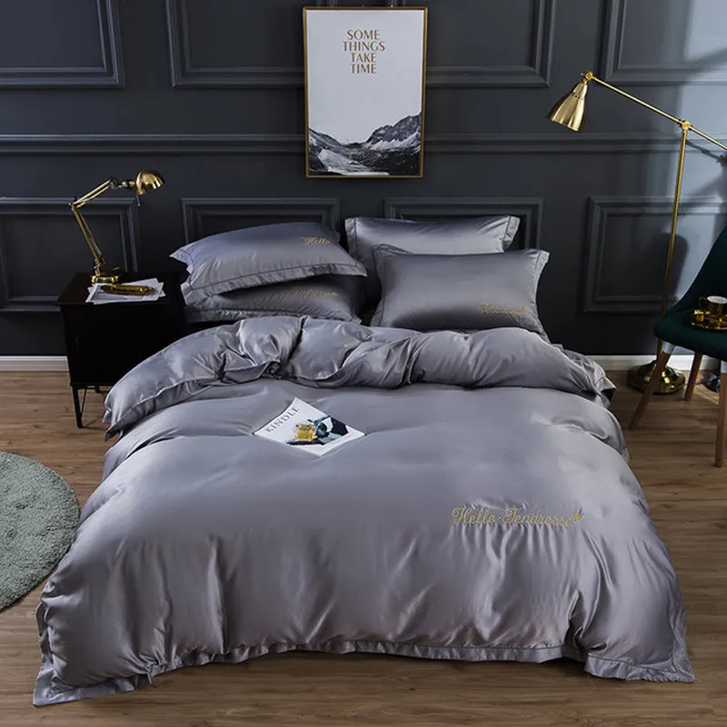 

HOT! 100% Pure Satin Silk Bedding Set Home Textile King Size Bed Set Bed Clothes Duvet Cover Flat Sheet Pillowcases Wholesale