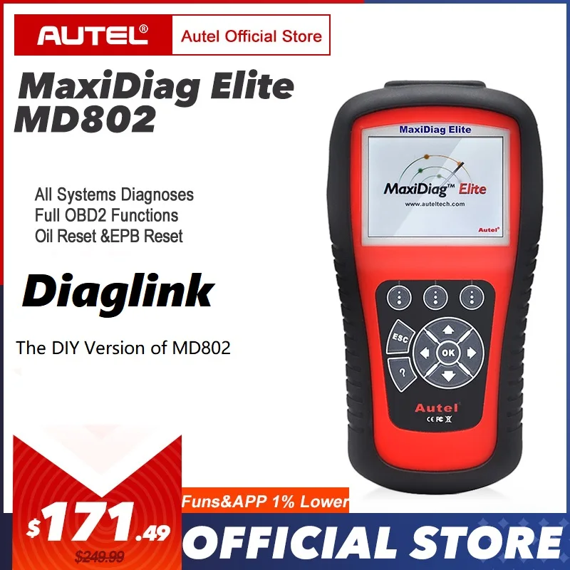 AUTEL MaxiDiag Elite MD802 Diaglink OBD2 сканер Все и 4 системы авто код ридер EPB сброс масла OBD 2 диагностический инструмент PK MD805