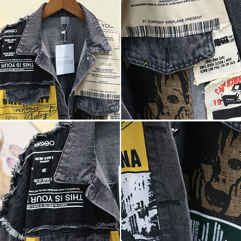 remarkable  2019 Autumn Black Denim Jacket for Women Asymmetrical Loose Splicing Washing Cowboy Jean Coat Femme