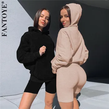 

FANTOYE Casual Hooded Long Sleeve Pocket Two Piece Sets Women Autumn Loose Sweatshirt And Short Pants Basic Solid Tracksuit New