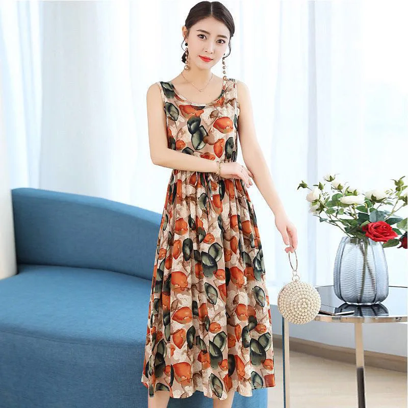 

2020 New Style Spring Summer Sleeveless Floral Printed Dress Korean-style Large Size Dress Slim Fit Slimming over-the-Knee Long