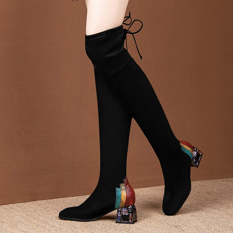 FEDONAS/теплые женские Сапоги выше колена из флока; элегантная обувь для ночного клуба на высоком каблуке со стразами; женские пикантные эластичные высокие сапоги