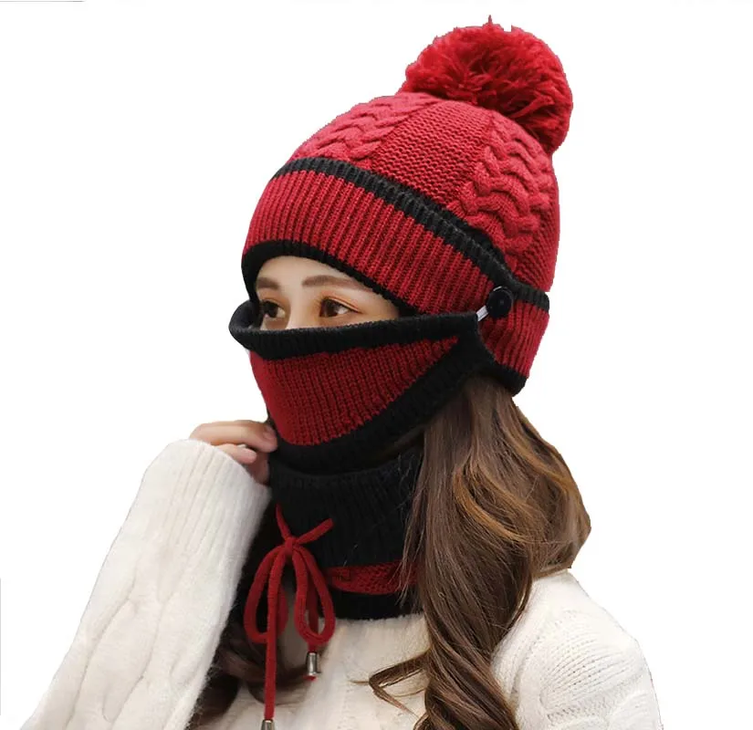 Pom Beanie шарф маска набор флисовая подкладка зимние вязаные шапки для женщин