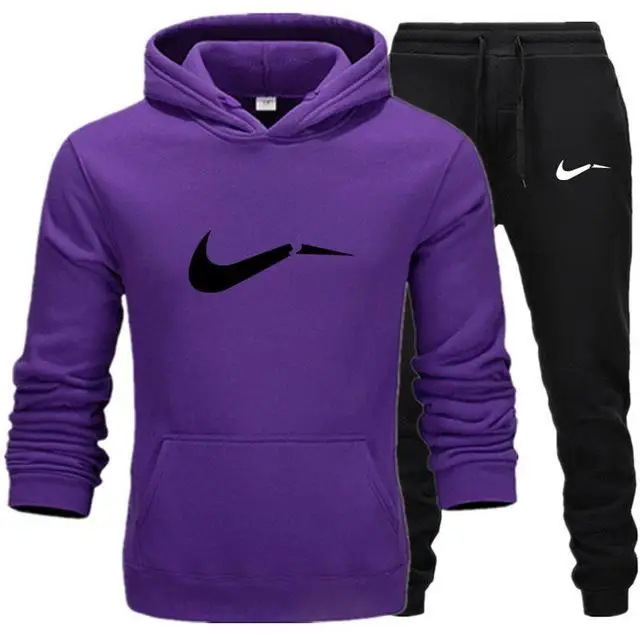 purple and black-H Новинка, модные мужские толстовки с капюшоном, костюмы, брендовый спортивный костюм для мужчин/женщин, толстовки+ спортивные штаны, осенне-зимний флисовый пуловер с капюшоном - Цвет: purple and black-H