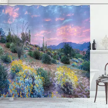 

Cactus Shower Curtain Sunset in a Mountain with Sun Beams Clouds Bushes and Colored Flowers Photo Print Bathroom Decor Set