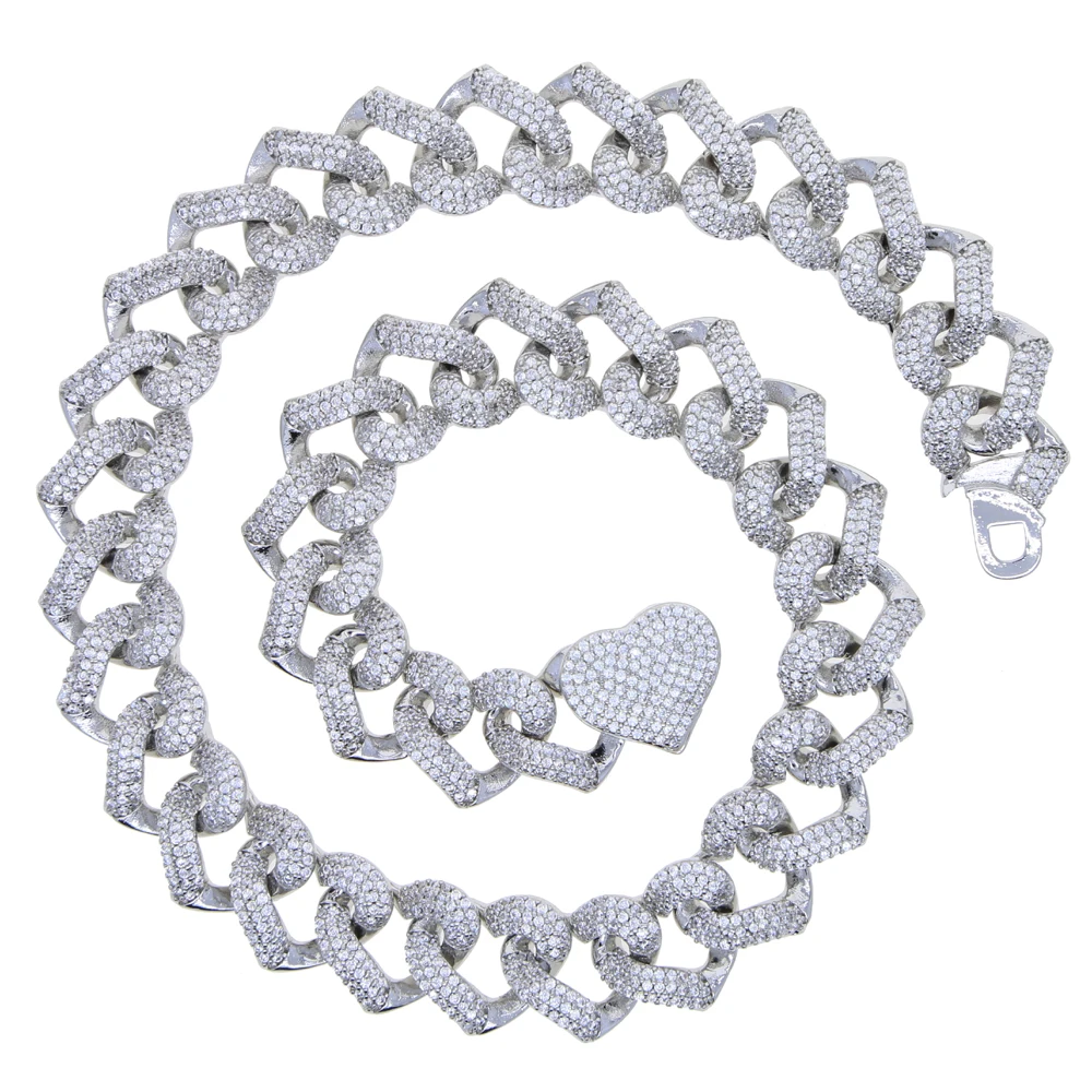 2021 New Iced Out Bling 14mm Cz Heart Lock Cuban Link Chain Necklace