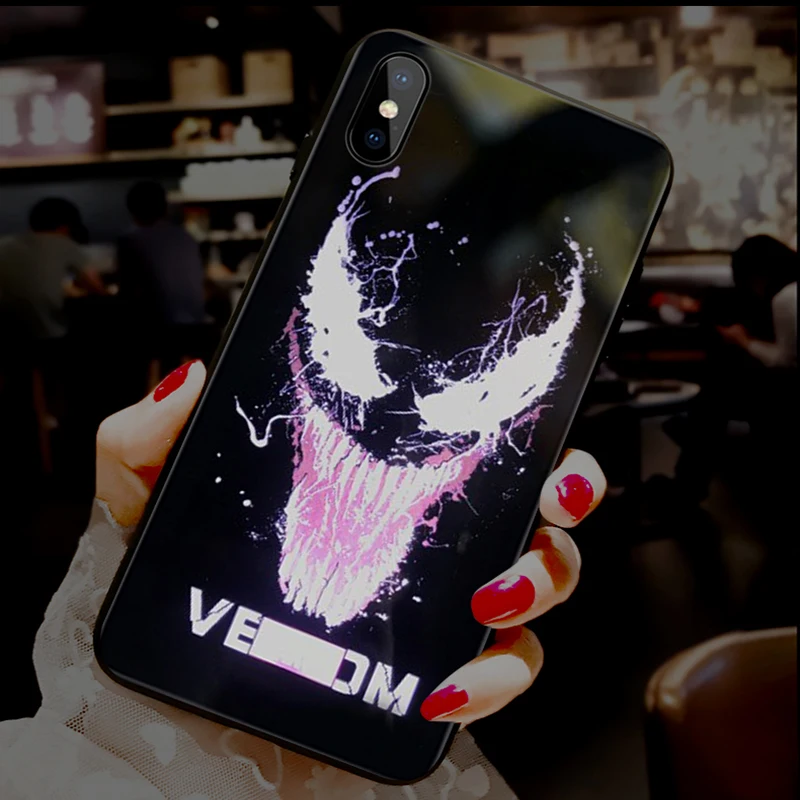 

Marvel Venom Spiderman Call Lighting Glass Case For iPhone 11 Pro XSmax XR XS X 8 7 Plus LED Luminous Iron Man Phone Cover Coque