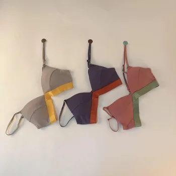 

French Cotton Seamless Bra without Steel Ring Triangle Cup Contrast Color Cross Push up Beauty Back GIRL'S Bra Comfortable Base