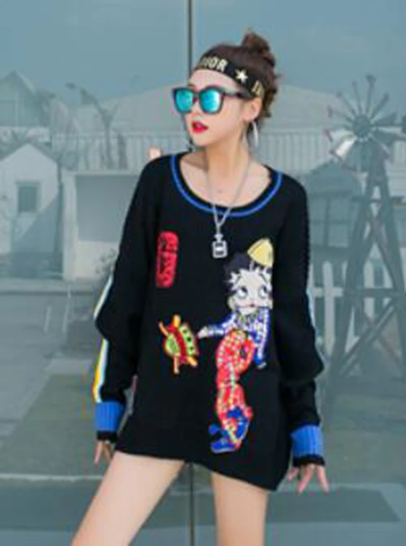 SexeMara/Модный Свободный вязаный свитер с аппликацией и пайетками; - Цвет: Черный