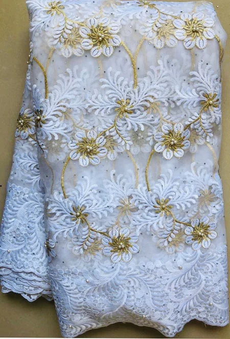 White with Gold Embroidery African Lace High Quality Milk Silk Fabrics Swiss Mesh Tulle bead In Switzerland Wedding | Дом и сад