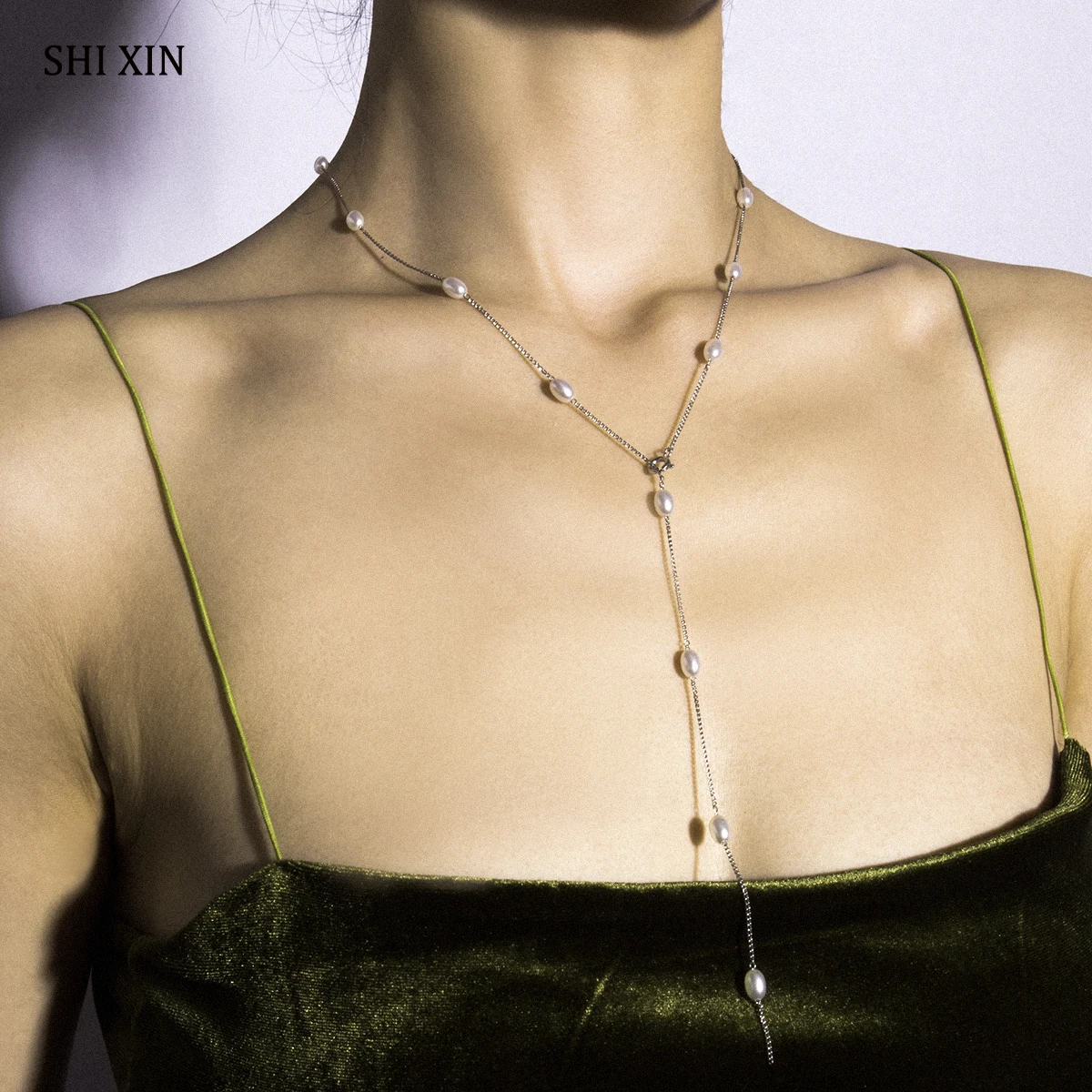 

SHIXIN Simple Pearl Beads Choker Necklace Korean Long Tassel Beaded Gold/Silver Chain Necklace for Women Chocker Collier Femme