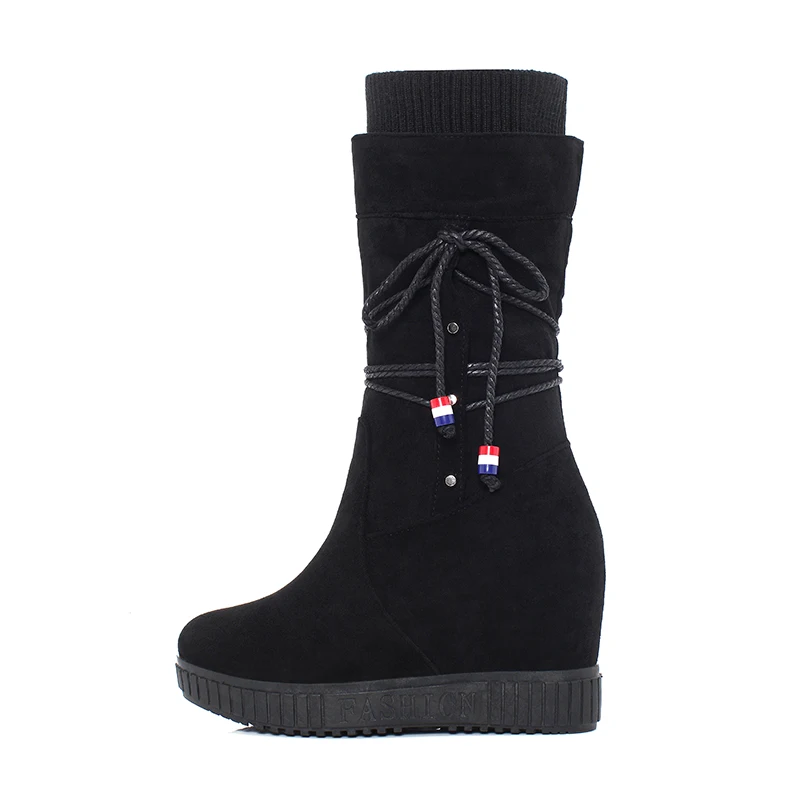 black flock Smirnova/новые модные сапоги до середины икры, увеличивающие рост женские сапоги без шнуровки на осень-зиму женские сапоги на высоком каблуке для выпускного вечера - Цвет: black flock