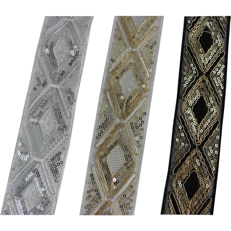 

3Yds/lot 5cm wide black white beige gold thread sequin embroidery lace exquisite clothing home decoration ribbon AC757
