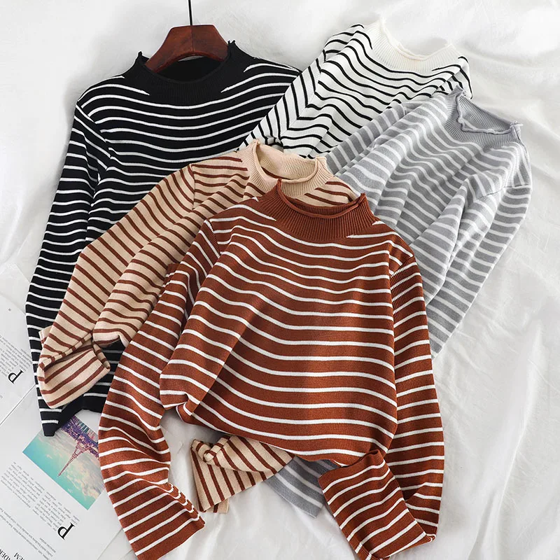 

GLAUKE spring autumn high collar loose stripe bottomed sweater Women Solid Turtleneck Sweater Knitted Elastic Jumper Pullovers L