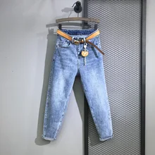 Новинка весны, женские джинсы с высокой талией, свободные укороченные брюки, тонкие брюки от Harlan