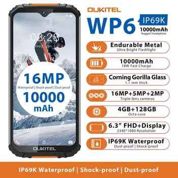 

OUKITEL WP6 IP68 Rugged Waterproof 4GB 128GB MT6771 Octa Core 9V/2A 10000mAh 16MP Triple Camera Android 9.0 Mobile Phone
