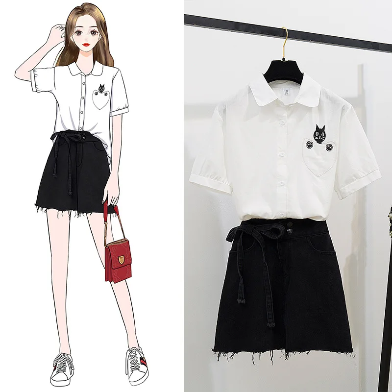 

Two-Piece Set Cat Pocket Fold-down Collar Shirt Cowboy Bandage Cloth Cowboy Skirt A- line Short Skirt Women's