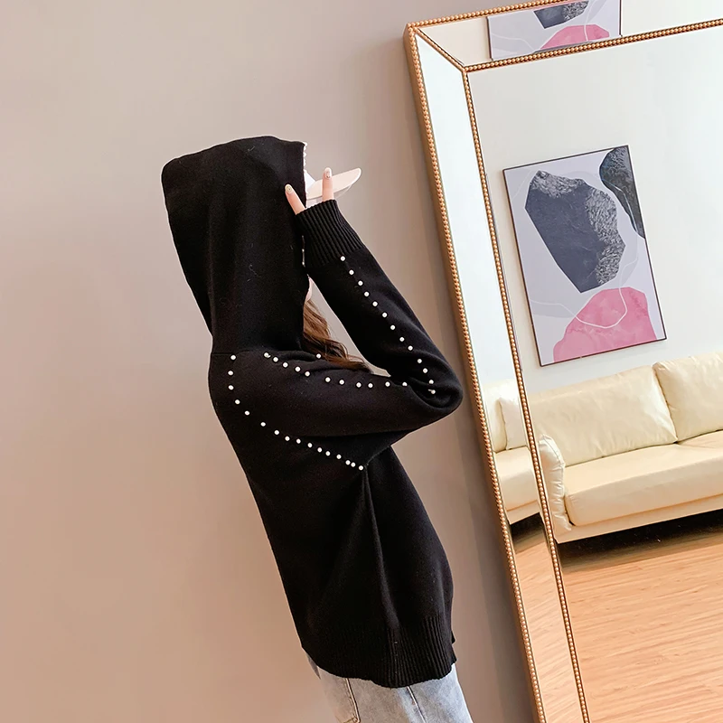 Pull femme nouveaute осенне-зимний свитер для женщин модный свитер с капюшоном и длинными рукавами, украшенный бисером пуловер женский свитер C244