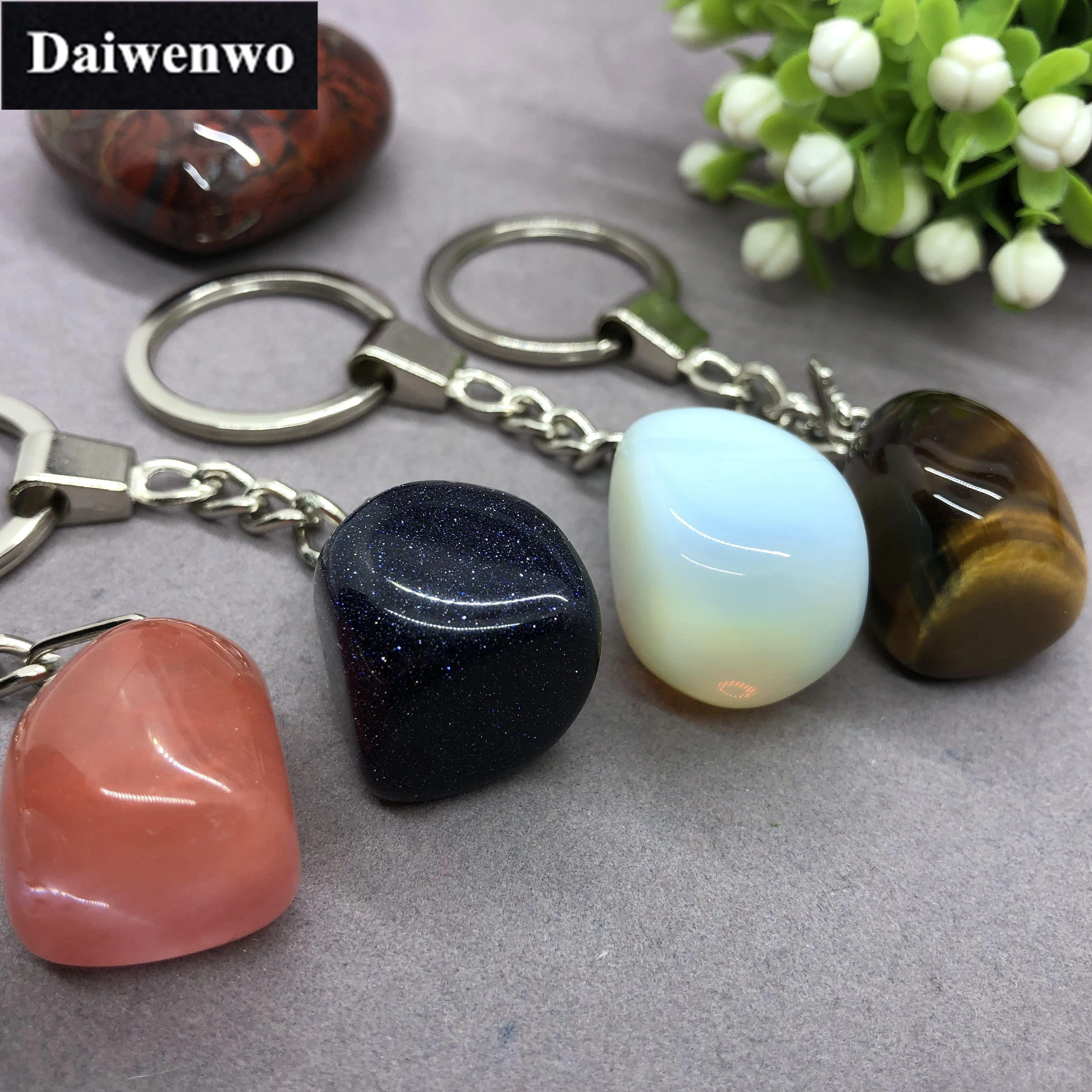 17 Types Natural Stone with Stainless Steel Keychain Pendant Accessories