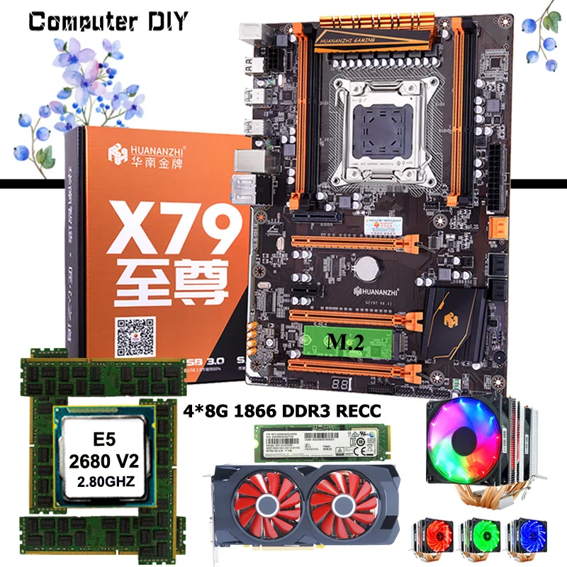 Материнская плата HUANANZHI Deluxe X79 с ЦП Xeon E5 2680 V2 6 Трубок охладитель ОЗУ 32 Гб (4*8 ГБ) 1866