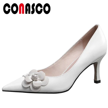 

CONASCO Fashion Elegant Casual Office Women Pumps Genuine Leather Cow Patent Leather Flower High Heels Spring Summer Shoes Woman