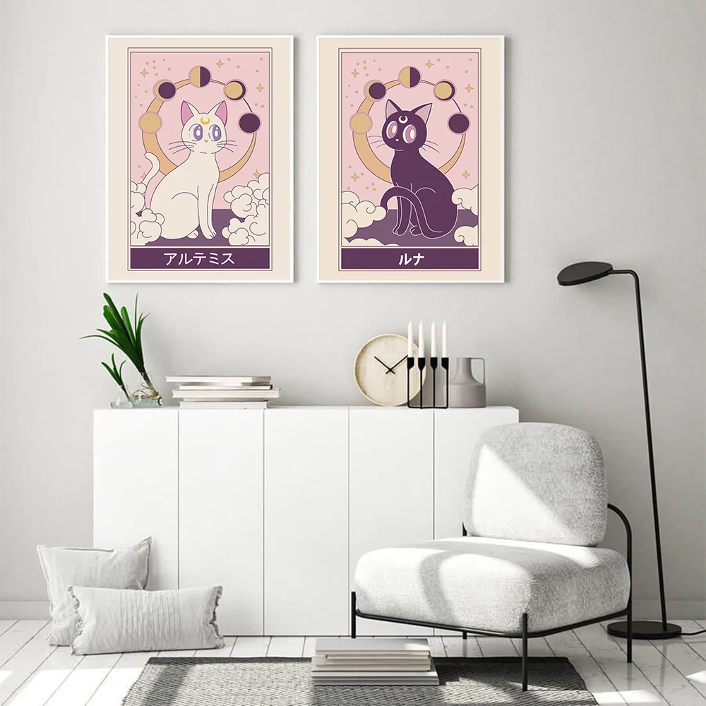 

Japanese Cartoon Anime White Cat Poster And Print Nordic Cute Black Cat Canvas Painting Nursery Wall Art Picture Girl Room Decor