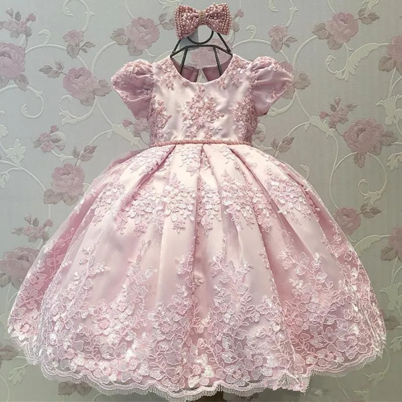 Милые Розовые Платья с цветочным узором для девочек на свадьбу; атласные платья с большим бантом на спине для маленьких детей; вечерние платья для первого причастия