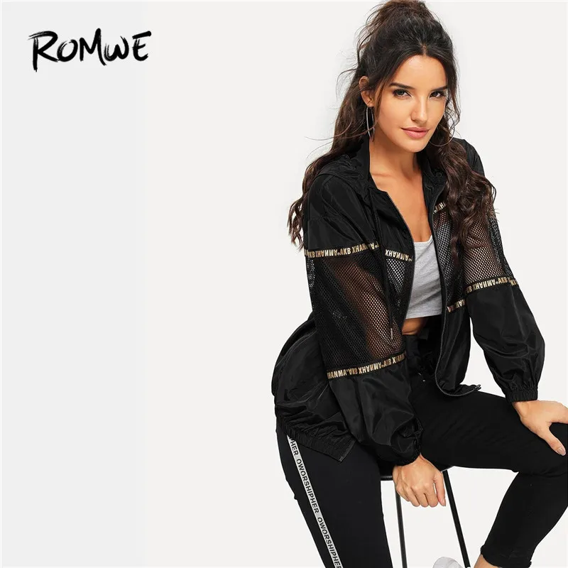 

Romwe Sport Mesh Insert Drawstring Hooded Jacket Women Autumn Fitness Running Windbreaker Trainning Coat 2019 Female Sportswear