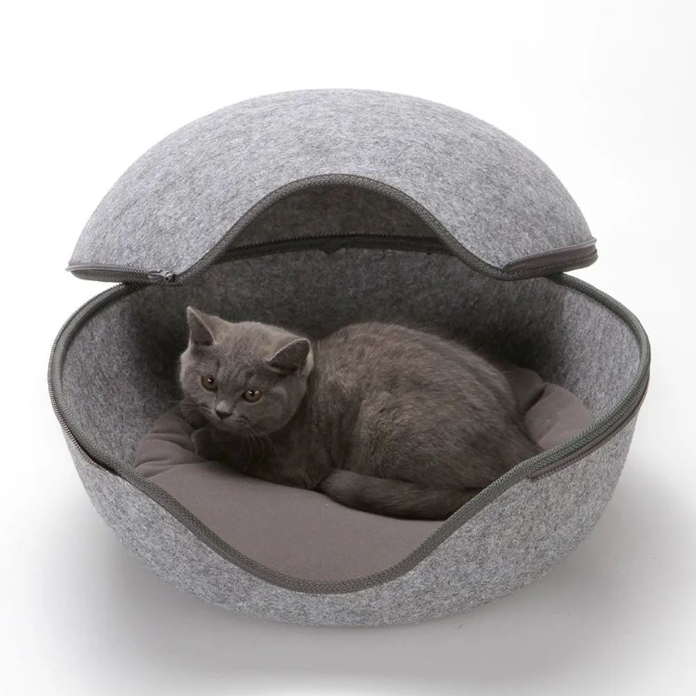 

1 PC Egg Shape Dog Cat Bed All Around Cat Nest Detachable Cushion Mat Cat Sleeping Bag Zipper Felt Cloth Winter Warm Pet House