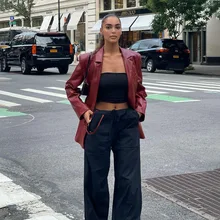 2021 Autumn and Winter Fashion Women's New Imitation Leather Suit Collar Single-breasted Temperament Long-sleeved Leather Jacket