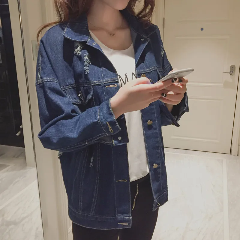 

Photo Shoot 2016 Spring And Autumn New Style Jeans Coat Women's Loose-Fit Long Sleeve with Holes Fashion Harajuku-Style Large Si