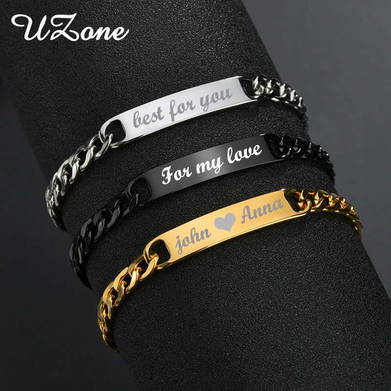 

UZone 8mm Customized Words Bar Bracelets for Women Men Stainless Steel Name Date Engraved Bangles Statement Couple Gifts