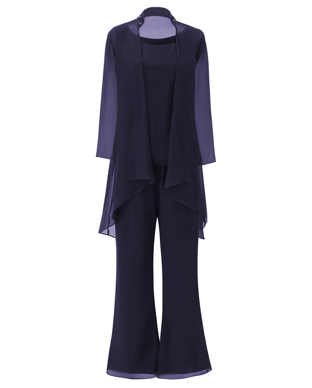 Navy SOLOVEDRESS, Модный женский шифоновый костюм с бусинами, 3 предмета, платье для матери невесты, брючный костюм с длинными рукавами, куртка, наряд, SL-M18 - Цвет: Navy
