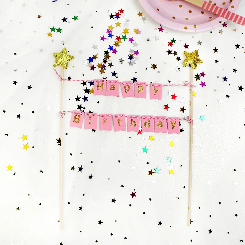 1Set Happy Birthday Cake Toppers Banner Flag Baby Shower Birthday Party Cupcake Topper Kids Girl Boy Birthday Cake Decorations