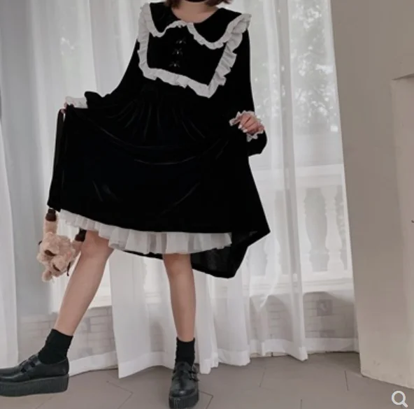 black dress Японское милое длинное платье в стиле «Лолита» с воротником в стиле Питера Пэна; милое черное платье с высокой талией; милое платье - Цвет: black dress