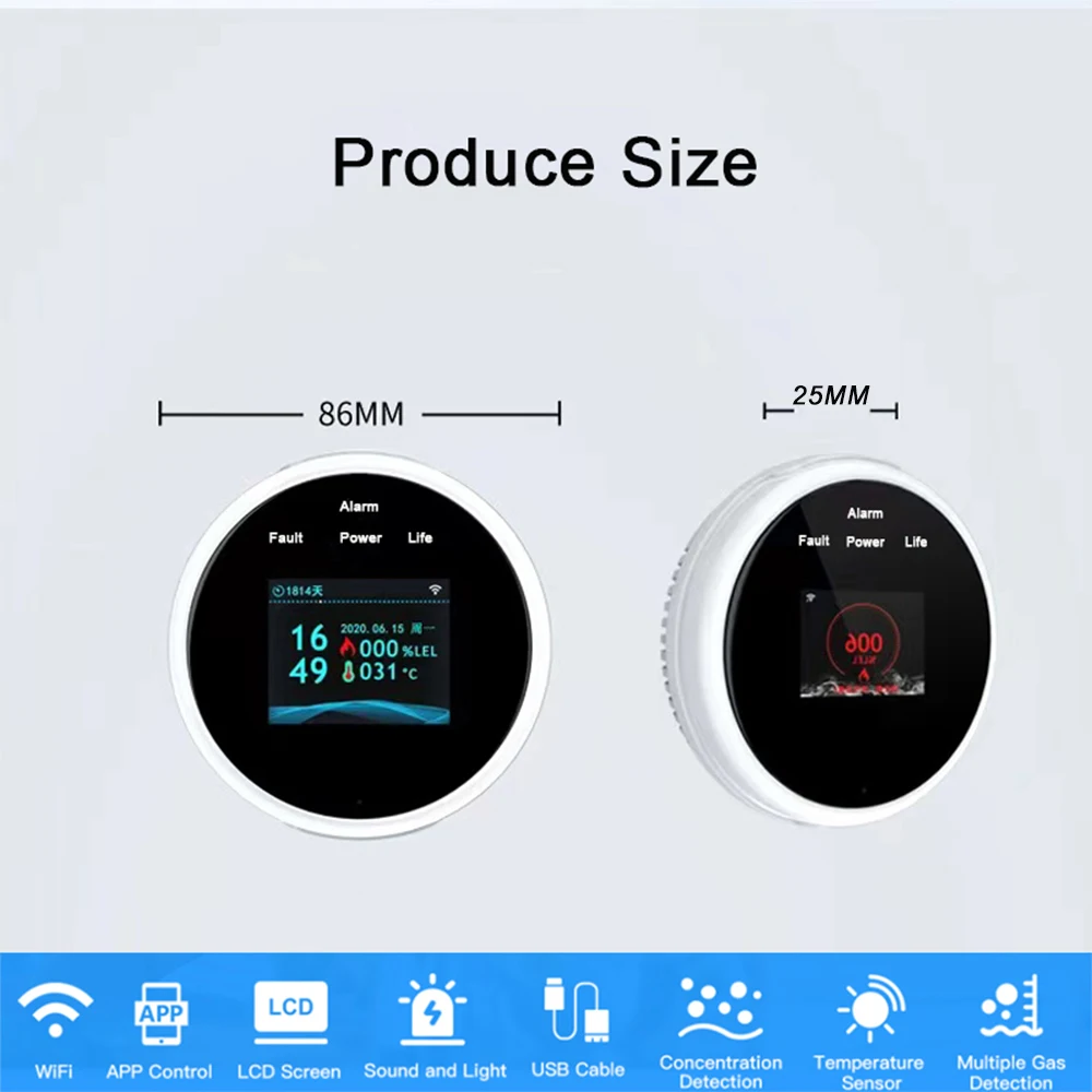 Tuya Wifi Smart Natural Gas Alarm CH4 Sensor Heat Detector With Temperature Function Combustible Gas Leak Alarm App Control LED security alarm keypad