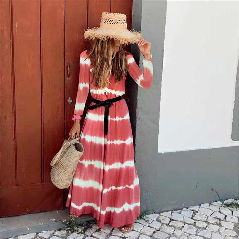 

Tie Dye Striped Long Dress Boho V-Neck 3/4 Sleeve Casual a-Line Maxi Dresses Vintage Dresses Fall Clothes For Women With Belt