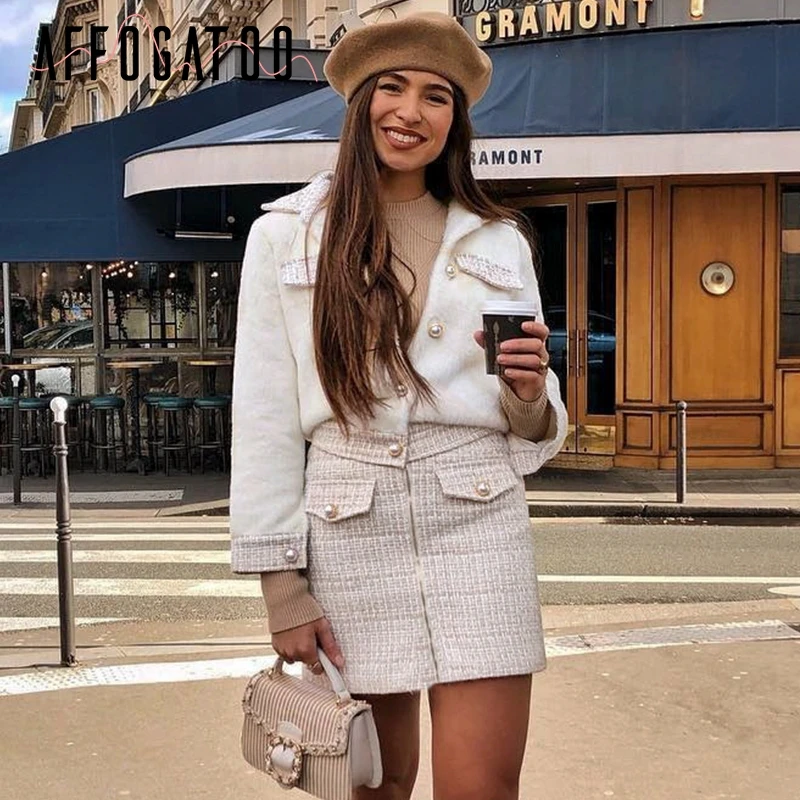 Suits Afogafoo элегантные твидовые женские комплекты из искусственного меха из двух частей пальто юбка осень зима Женская юбка котюмы наборы повседневные офисные женские костюмы - Цвет: Suits