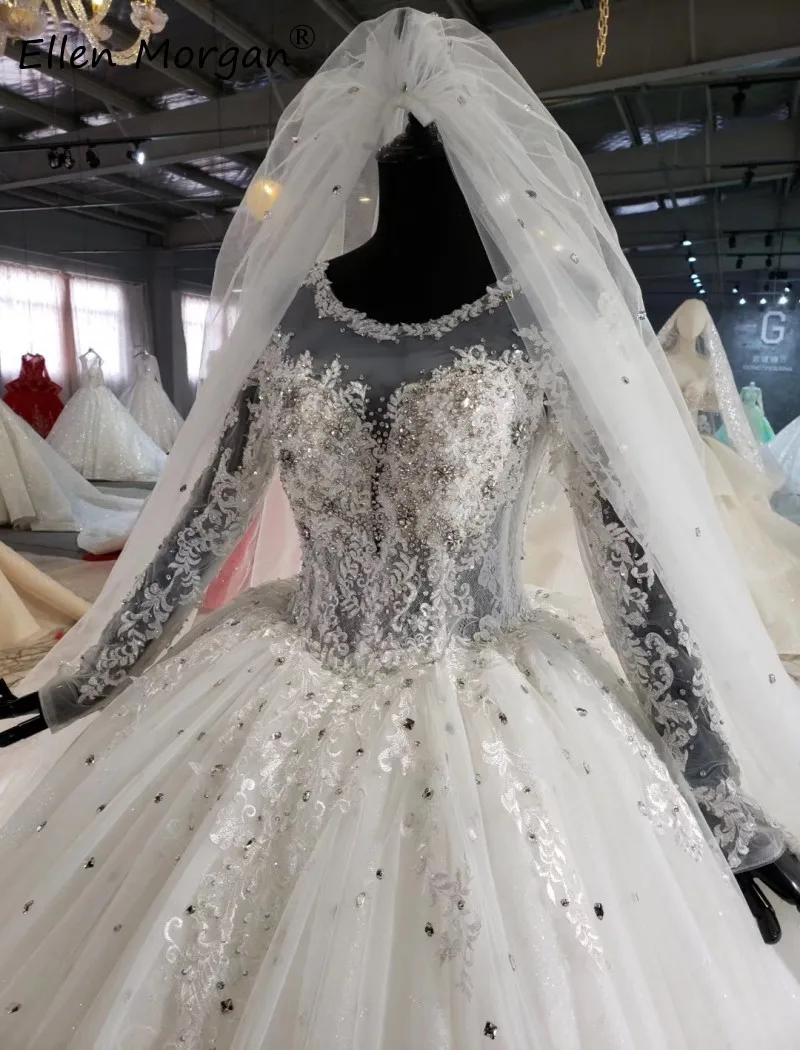 Роскошные Длинные рукава Бальные платья Свадебные платья Vestido de Novia Кружева кристаллы прозрачные цвета слоновой кости индивидуальный заказ принцесса невесты