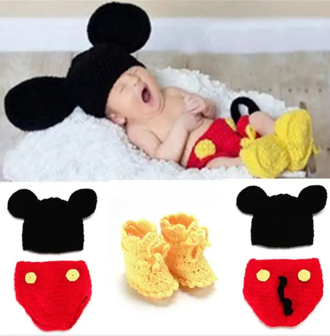 3 pcs-Yellow boot 1 комплект, вязаный костюм «кроше» для новорожденных мальчиков и девочек, наряд для фотосессии с шапочкой, вязаный костюм «Минни» - Цвет: 3 pcs-Yellow boot