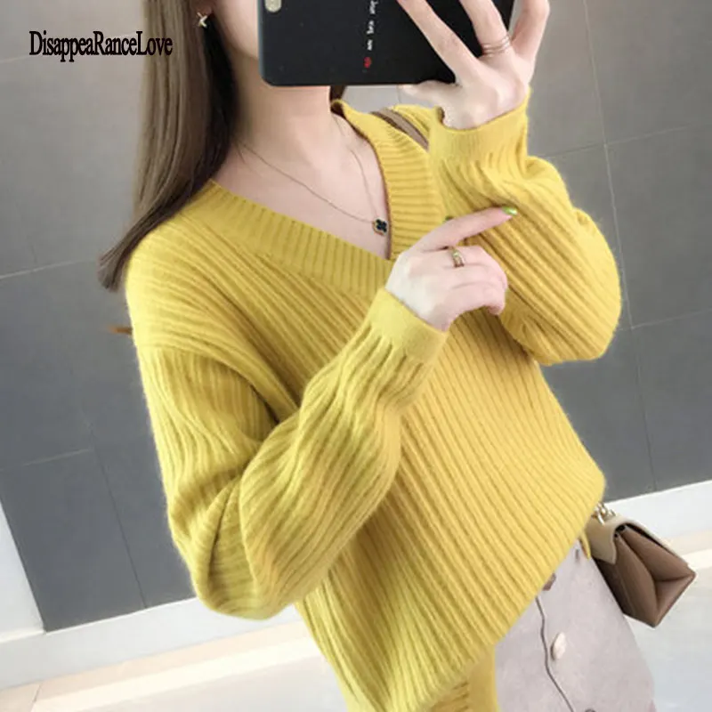 

Sexy Off Shoulder Oversized Knitted Sweater Women Deep V-neck Irregular Split Pullover Knitwear Autumn Winter Lady Jumper