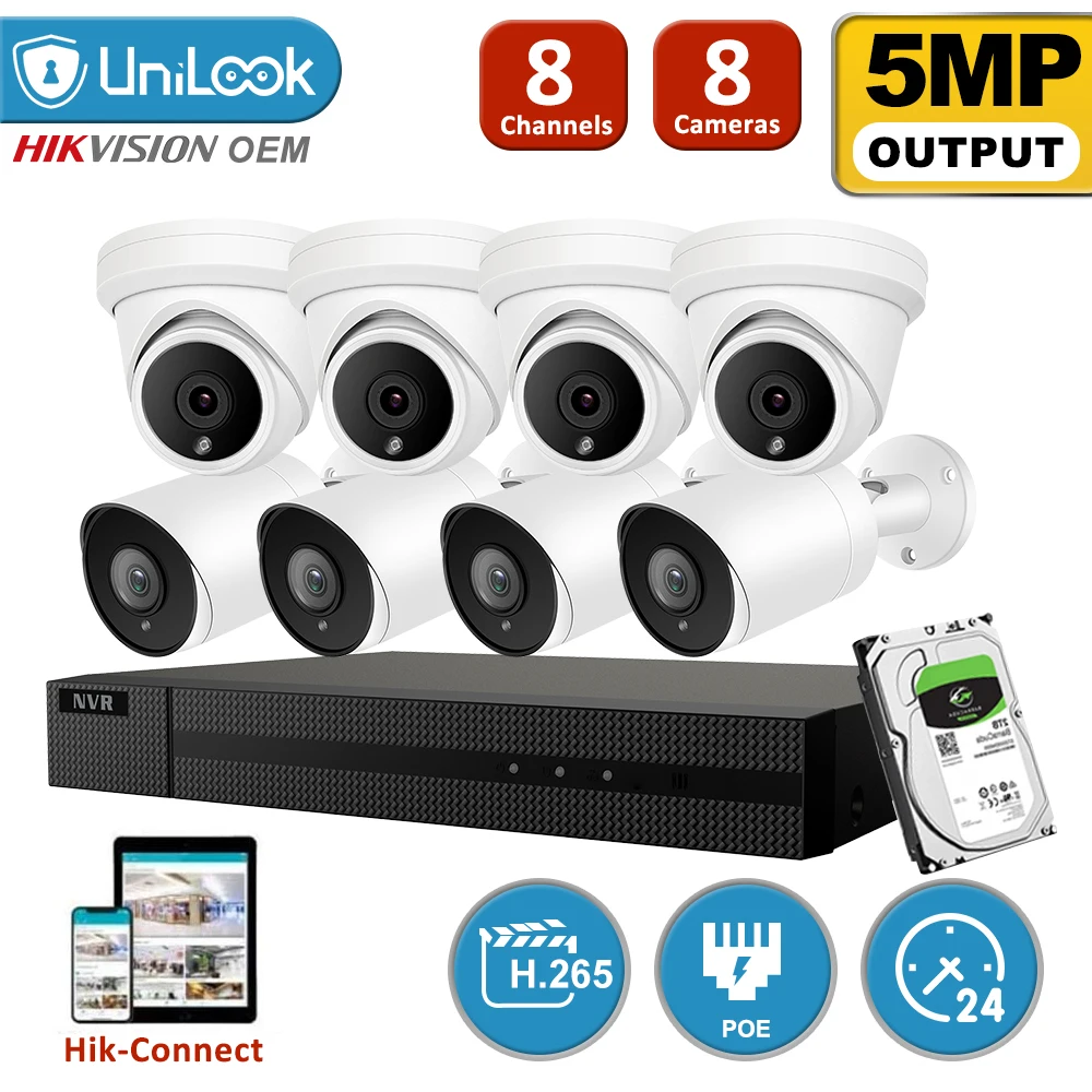 UniLook 8CH NVR 5MP 8 шт Bullet Turrt смешанный POE IP камера комплект системы безопасности ночное