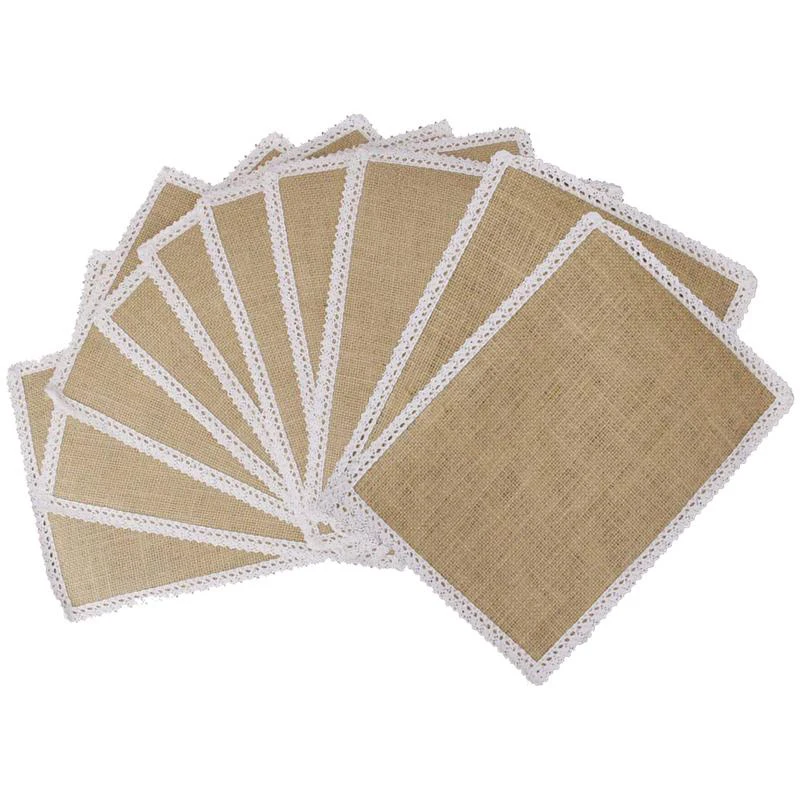

New-10Pcs 30X22Cm Burlap Table Mats Lace Placemats Sets Nature Woven Tableware Mats Wedding Party Decor