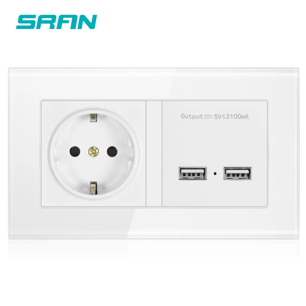 Настенная розетка SRAN 16A EU с двойным usb портом зарядного устройства для мобильного